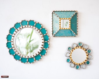 Decorative Accent Wall Mirror set 3 | Peruvian Painting on glass mirrors set of 3 with silver leaf for room wall decor, Holiday decor Mirror