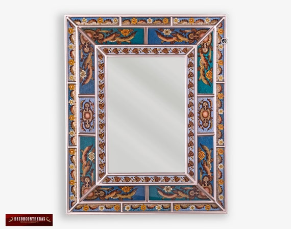 Peruvian Wall Mounted Accent Mirror 'Bright Sky', Vanity wall Mirror, Reverse Painting on glass with silver wood framed, Arts Crafts Mirror