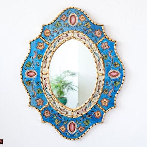 Blue Oval wall Mirror with gold leaf wood frame, Peruvian Ornate Accent Mirror &quot;Cuzco Garden&quot;, Handpainted Blue Glass Mirror wall decorative