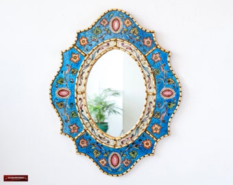 Blue Oval wall Mirror with gold leaf wood frame, Peruvian Ornate Accent Mirror "Cuzco Garden", Handpainted Blue Glass Mirror wall decorative