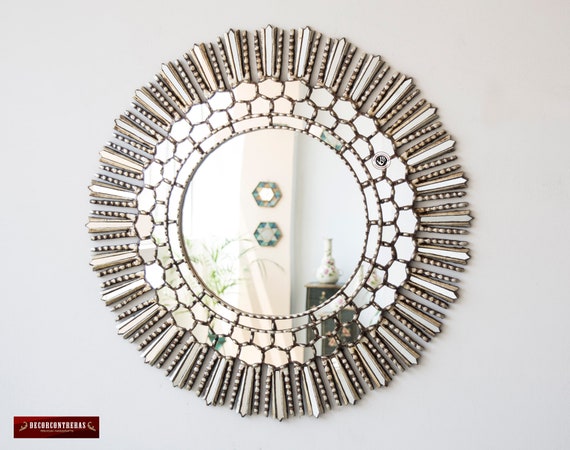 Large Round Decorative Wall Mirror 31.5 Silver Hand Carved Wood
