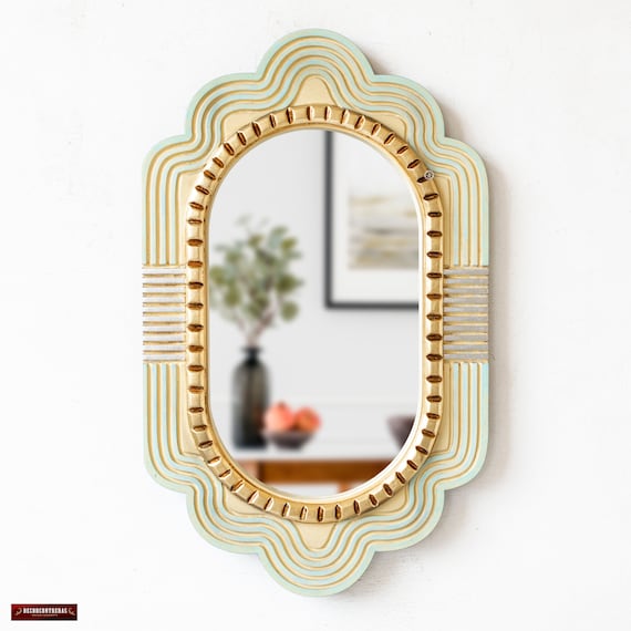 Fluted Oval Wall Mirror - Hand Carved Peruvian Wood Accent Mirror - 24" Aqua Blue Scalloped Mirrors Wall Decor for Entryway | USA No Duties