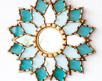 Handmade Turquoise Round Wall Mirror from Peru – 12.2″ Mandala Design | Artisan Small Mirrors | Peruvian Hand-painted Accent Decor