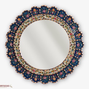 Decorative Cuzcaja Round Mirror For wall 17.7in &quot;Forest Flowers&quot;- Peruvian Accent Blue Mirror - Reverse Painted glass Hanging Wall Mirrors