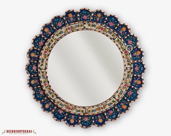 Decorative Cuzcaja Round Mirror For wall 17.7in "Forest Flowers"- Peruvian Accent Blue Mirror - Reverse Painted glass Hanging Wall Mirrors