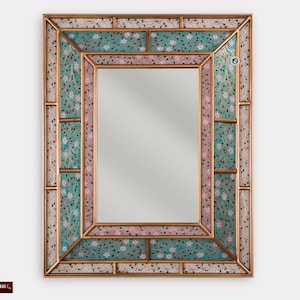 Rectangular Wall Accent Mirror, Turquoise mirror for wall decor, Large Vanity wall Mirror from Peru, Painting on glass with gold wood framed