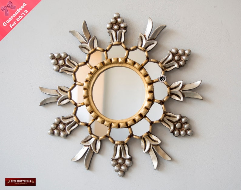 Silver Gold Round Sunburst Wall Mirror 13 7 From Peru Handcarved Wood Decor Cuzco Sun Accent Decorative