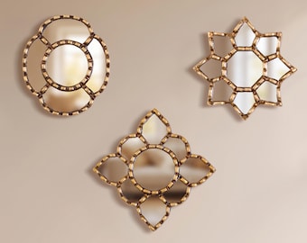 Set of 3 Gold Wall Mirrors - Small Decorative Accent Mirrors with Bronze leaf Frame- Gift for Home  - Vintage Style Decor | Ships from USA