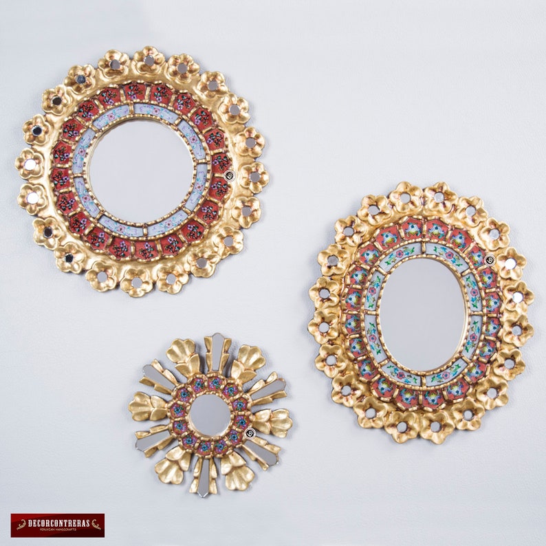 Round Oval Wall Mirrors Set 3 Red Celebration Decor Mirror Vanity Peruvian Decorative