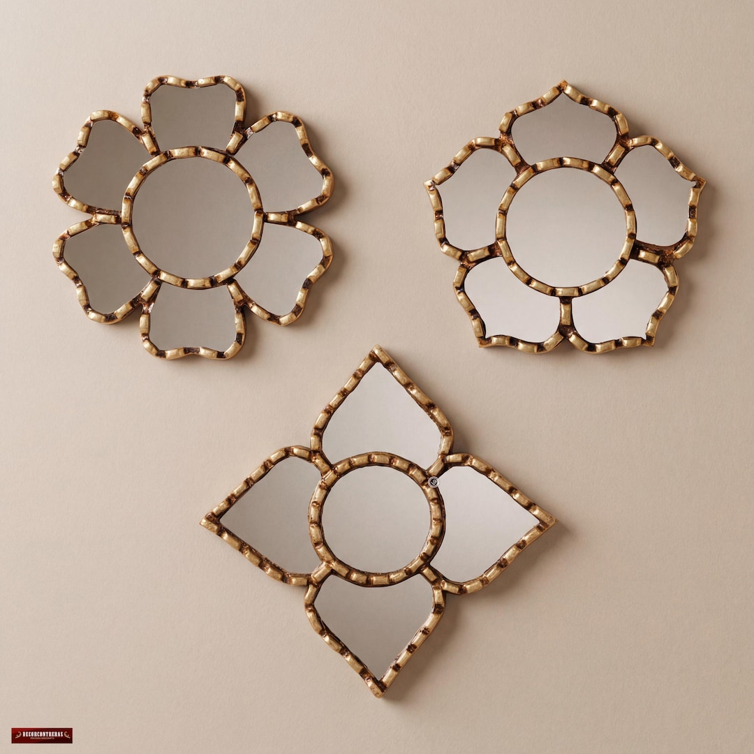 Small Gold Accent Mirror Set of 3 - Flower Shaped Mirrors With Bronze ...
