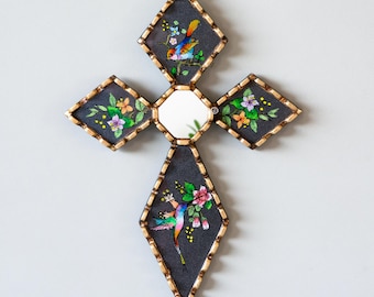 Peruvian Cross Wall Decor – Hand-Painted Glass Christian Wall Art – Wooden Cross wall hanging for Religious Home Decor & Catholic Gifts