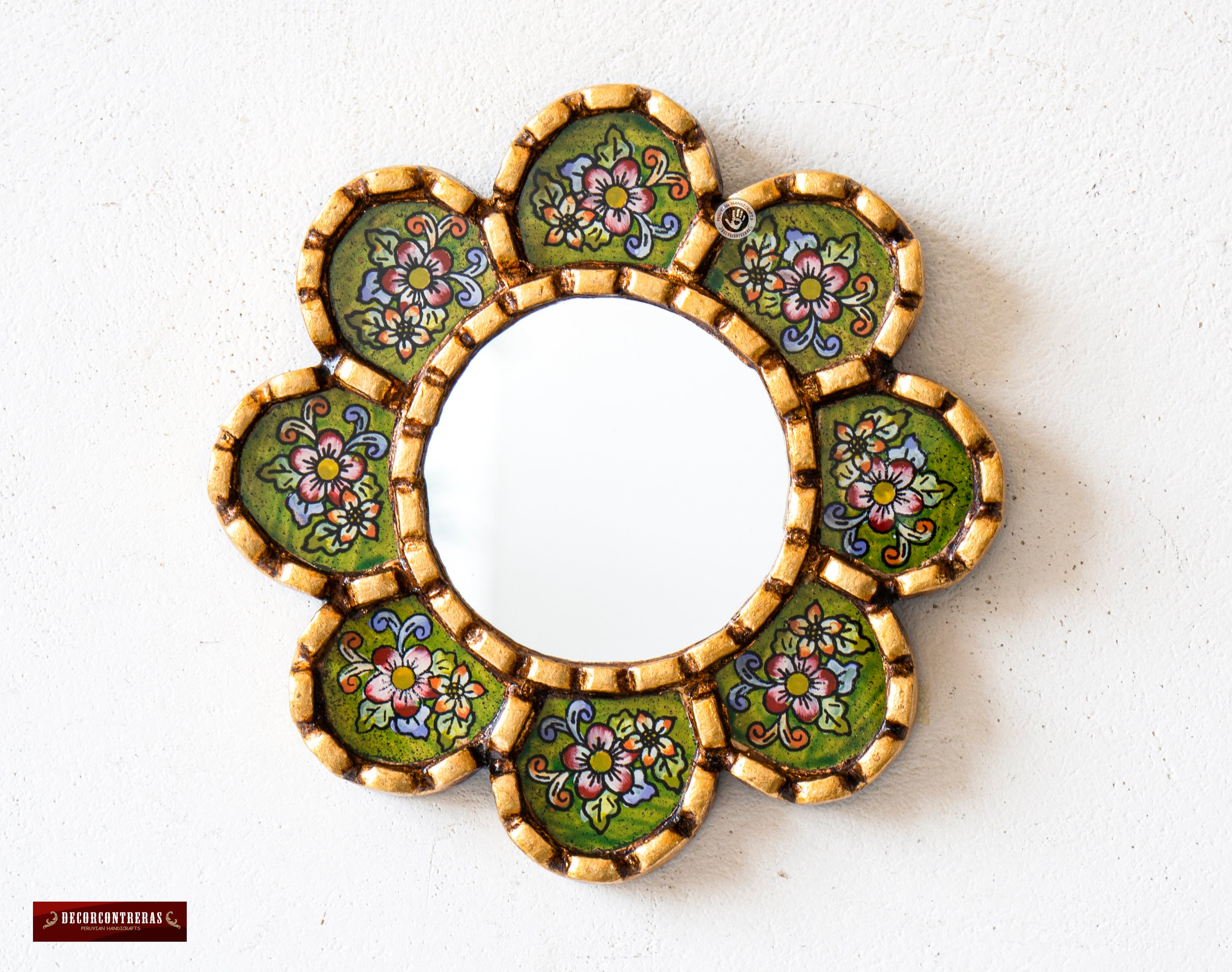 Green Circle Wall Hanging mirror 6" for living room | Peruvian Round mirror on the wall art Holiday decor | Home christmas gifts for her