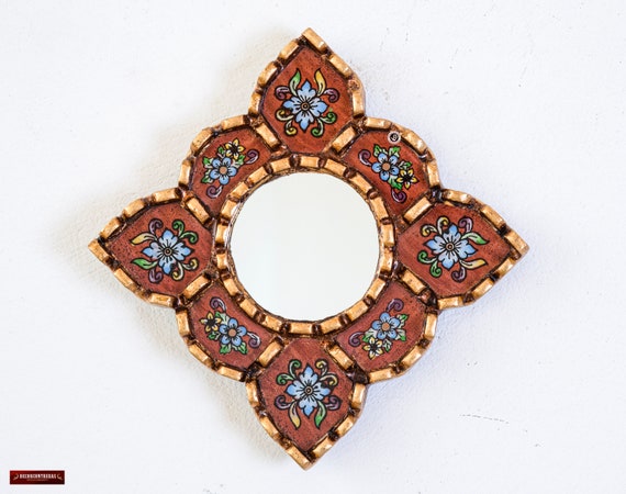 Red Diamond/Square Small Mirror Wall Decorative | Peruvian Diamond Accent Mirror for Wall art Decor Living Room | Ships from USA