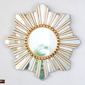 Peruvian Silver Round Mirror 17.7&quot; for wall , Ornate Accent Wall Mirror decorative &quot;Sunshine&quot;, Contemporary wood mirror for living room