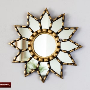 Peruvian Gold Round Wall Mirror 9.8", Small Accent Mirror for wall decor, Bronze leaf sunflower wall mirror for living room "Cuzco Sun"