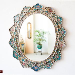 Turquoise Hanging mirror home wall decor | Vanity mirror living room decoration | Peruvian Handmade Oval mirror on the wall for office decor