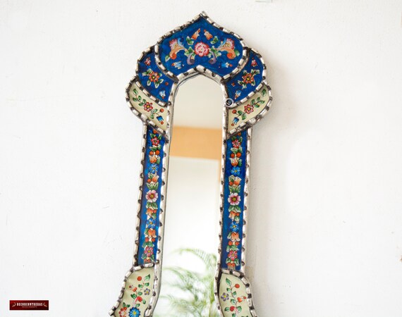 Blue Long Narrow wall mirror 35.4"H | Painting on glass Long Mirror for home wall room decor, living room | Silver leaf wood framed Mirrors