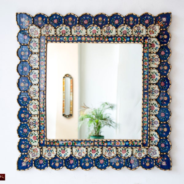 Decorative Square Wall Large Mirror 27.8in, Peruvian Accent Mirror for wall, Reverse Painting on glass Hanging Wall Mirror "Blue Floral"