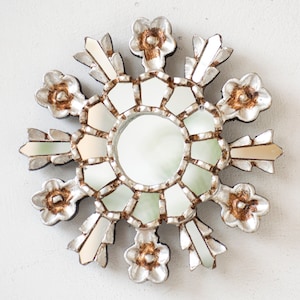 Handmade Sunburst Decorative Mirror from Peru | 7.8&quot; Wood Carved, Silver Leaf Finish | Vintage Style Decor | Perfect Housewarming Gift