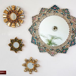 Collection Round Wall Mirrors Set of 4, Peruvian Hand-painted glass Mirrors for living room &quot;Andean Dream&quot;, Accent Mirror set for wall decor