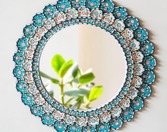 Handmade Peruvian Round Mirror Wall Decor | Turquoise Floral Decorative Mirror for Bathroom, Bedroom, Living Room | Housewarming Gift