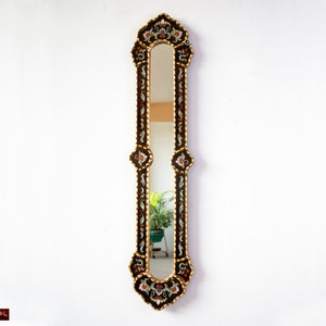 Long Black Narrow wall mirror 35.4" tall, Painting on glass Long Black Mirror wall art, Gold leaf wood framed Narrow Mirror wall Decorative