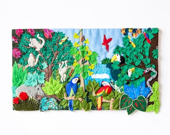 Handmade Jungle scene Cotton Applique Wall Hanging from Peru | Embroidered pacthwork Folk Art Wall Hanging | Home Gifts | Peruvian Arpillera