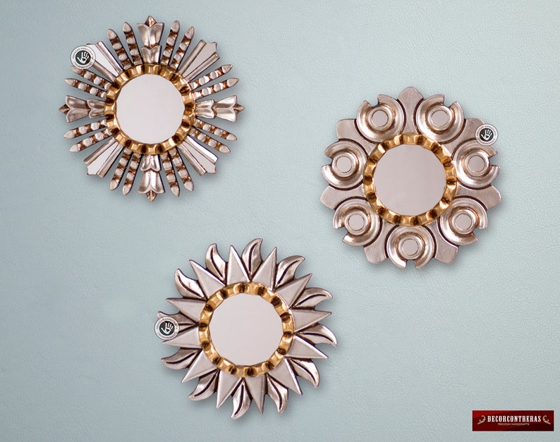 Small Sunburst Mirror 7 8in Sun Stars Silver Round Set 3 For Wall Decor Peruvian Mirrors Decorative Vintage