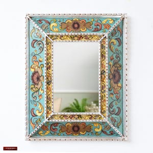 Decorative Turquoise Wall mirror for living room, hallway, bathroom, entryway | Peruvian hand-painted glass silver Mirror for wall decor