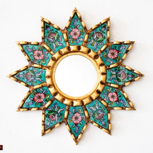 Espejo redondo turquesa con acento de 9.8", decoración de pared, estilo colonial, vidrio pintado al revés, con detalles florales dorados, espejo de pared de madera de Perú.