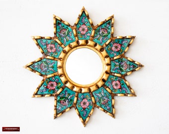 Accent turquoise Round Mirror 9.8" Wall art Decor, Vintage style Mirror, Ornate Reverse-Painted glass Floral gold Wood Wall Mirror from Peru