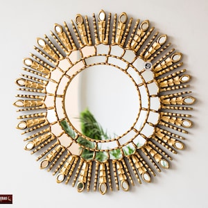 Handmade peruvian gold sunburst mirror wall decor | Decorative gold round mirror 23.6in for living room, bedroom decor | fireplace mirror