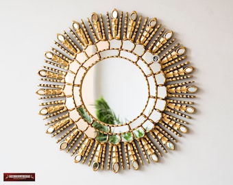 Handmade peruvian gold sunburst mirror wall decor | Decorative gold round mirror 23.6in for living room, bedroom decor | fireplace mirror