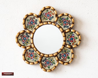 Beige Circle mirror living room decorations | Golden Wall Hanging mirror | wedding gift decor| Peruvian Round mirror on the wall art decor