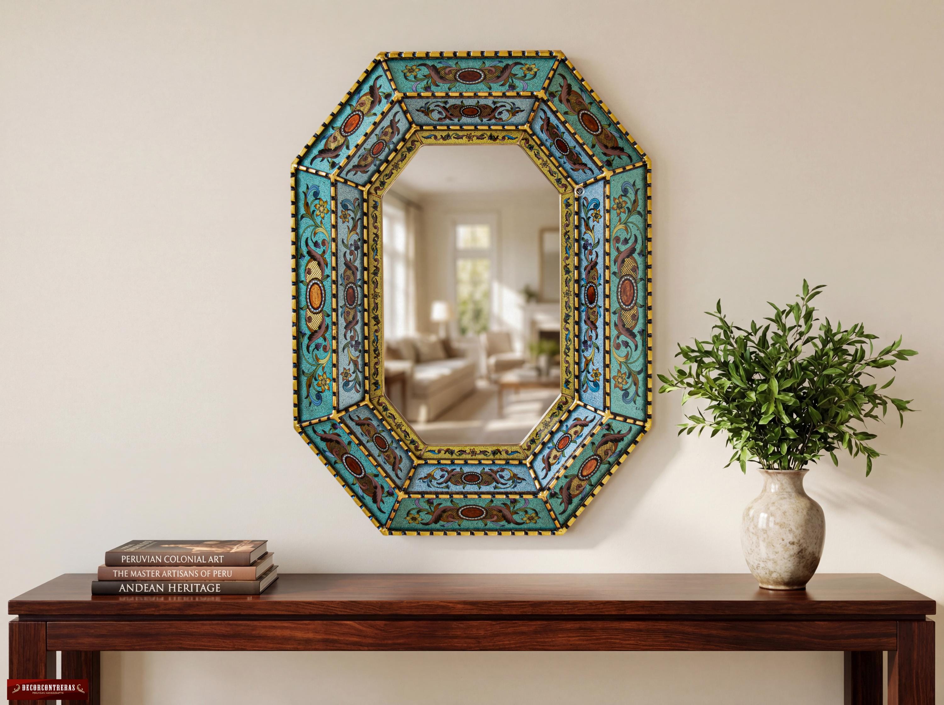 Octagonal Convex Wall Mirror - Turquoise Peruvian Reverse Painted