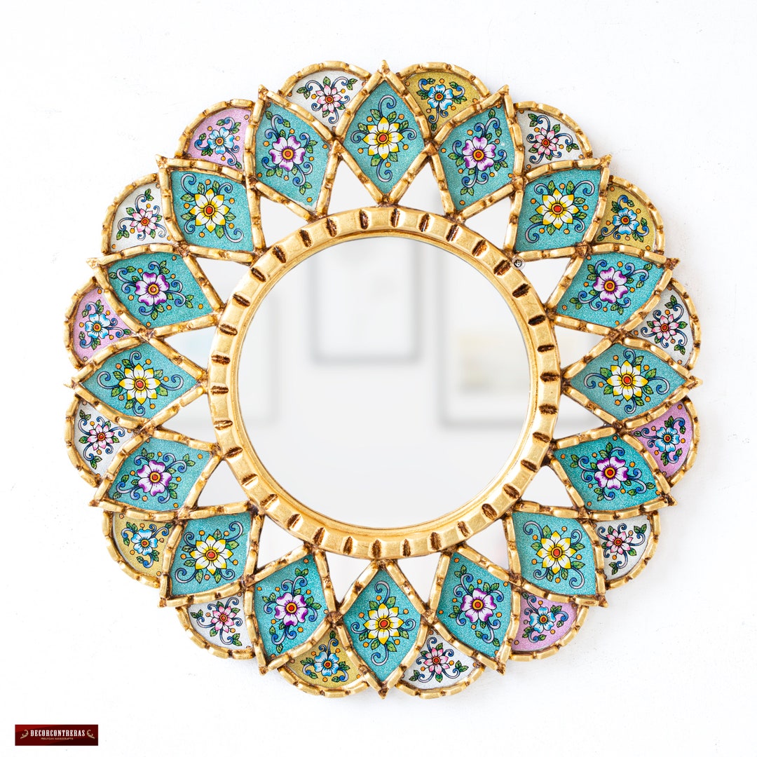 Peruvian Decorative Round Wall Mirror 17.7" | Multicolor Accent Mandala ...