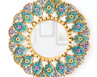 Peruvian Decorative Round Wall Mirror 17.7" | Multicolor Accent Mandala hanging Mirror for wall art decor | Gift For Yogis | Yoga studio