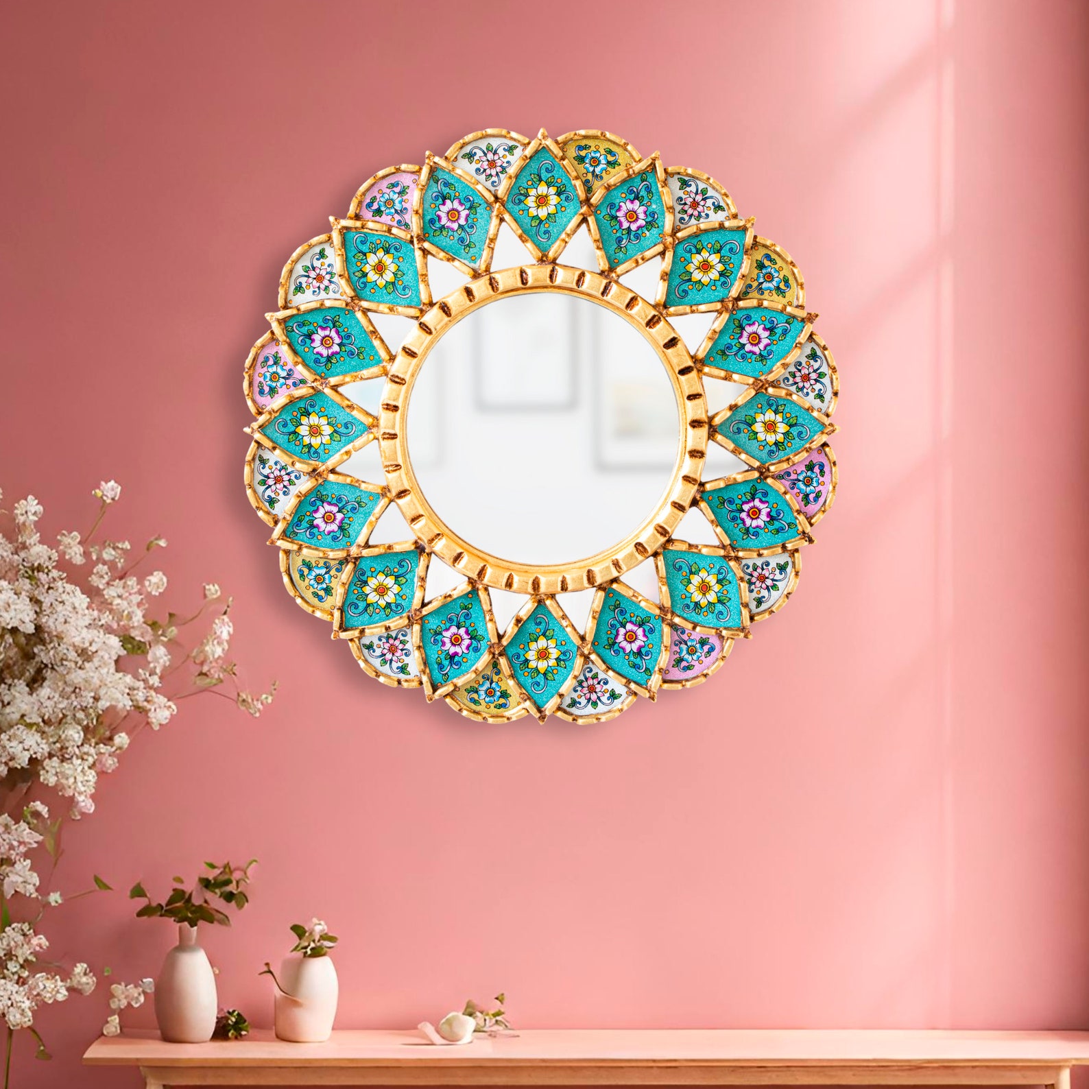 Peruvian Decorative Round Wall Mirror 17.7" | Multicolor Accent Mandala ...