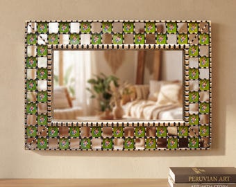 Large Green Mosaic Mirror 27.5"- Painted Glass Floral Rectangular Mirrors Wall Decor - Handmade Peruvian Art Decor - USA/Canada No Duties