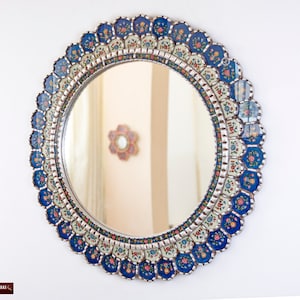 Large Blue Round Mirror For wall 35.4in Blue Flowers Peruvian Accent Blue Mirror decorative, Reverse Painted glass Hanging Wall Mirrors image 2