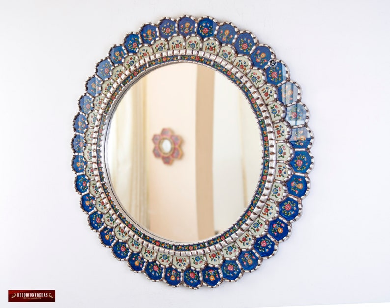 Large Blue Round Mirror For wall 35.4in Blue Flowers Peruvian Accent Blue Mirror decorative, Reverse Painted glass Hanging Wall Mirrors image 2