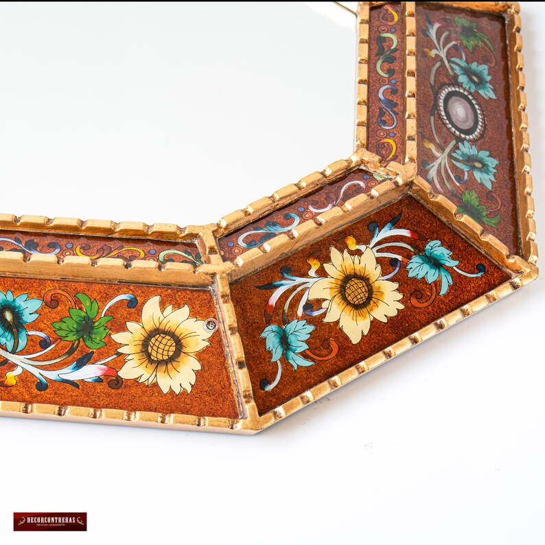 Grote gouden achthoekige bolle spiegel 29"- Peruaanse handgeschilderde glazen bloemenwanddecoratie kunst aan de muur - luxe woonkameraccentstuk | VS Geen verplichtingen afbeelding 8