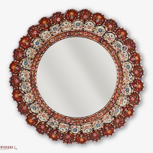 Decorative Cuzcaja Round Mirror wall 23.6in "Red Blossom"- Peruvian Wall Accent Mirror - Peru Mirror- Reverse Painting on glass Wall Mirror