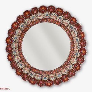 Decorative Cuzcaja Round Mirror wall 23.6in &quot;Red Blossom&quot;- Peruvian Wall Accent Mirror - Peru Mirror- Reverse Painting on glass Wall Mirror