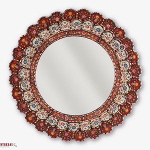 Decorative Cuzcaja Round Mirror wall 23.6in "Red Blossom"- Peruvian Wall Accent Mirror - Peru Mirror- Reverse Painting on glass Wall Mirror