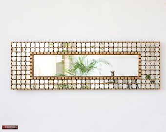 Handmade Large Narrow Hanging Wall Mirror Home Decor | Peruvian Long Gold Mosaic mirror for wall art decor bedroom, bathroom, living room