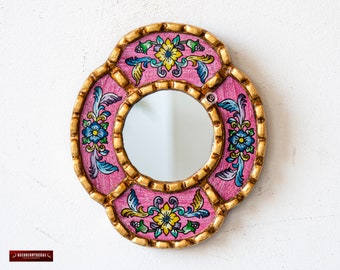 Hanging oval mirror | Peruvian Painted glass mirror living room decor | Brillant pink mirror on the wall | Home christmas gifts for her, mom