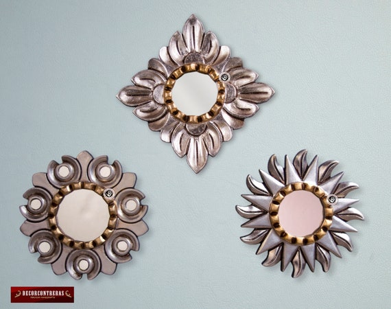 Hand Carved Wood Sunburst Mirror Wall Set 3 Silver Gold Hand Carved Wood Sunburst Mirror Wall