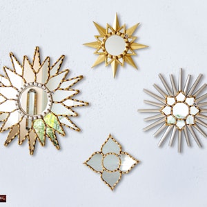 Decorative Gold sunburst Mirror set 4, Accent Silver Wall Star Mirror set &quot;Stunning sun&quot;, Peruvian sunburst mirrors for living room, Gifts