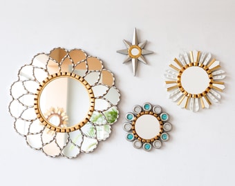 Peruvian Wall Mirror Set 4 - Sunburst & Star Decor - Hand Painted Glass Art - Luxury Mothers Day Gift - Gallery Wall Decor |USA/CA No Duties